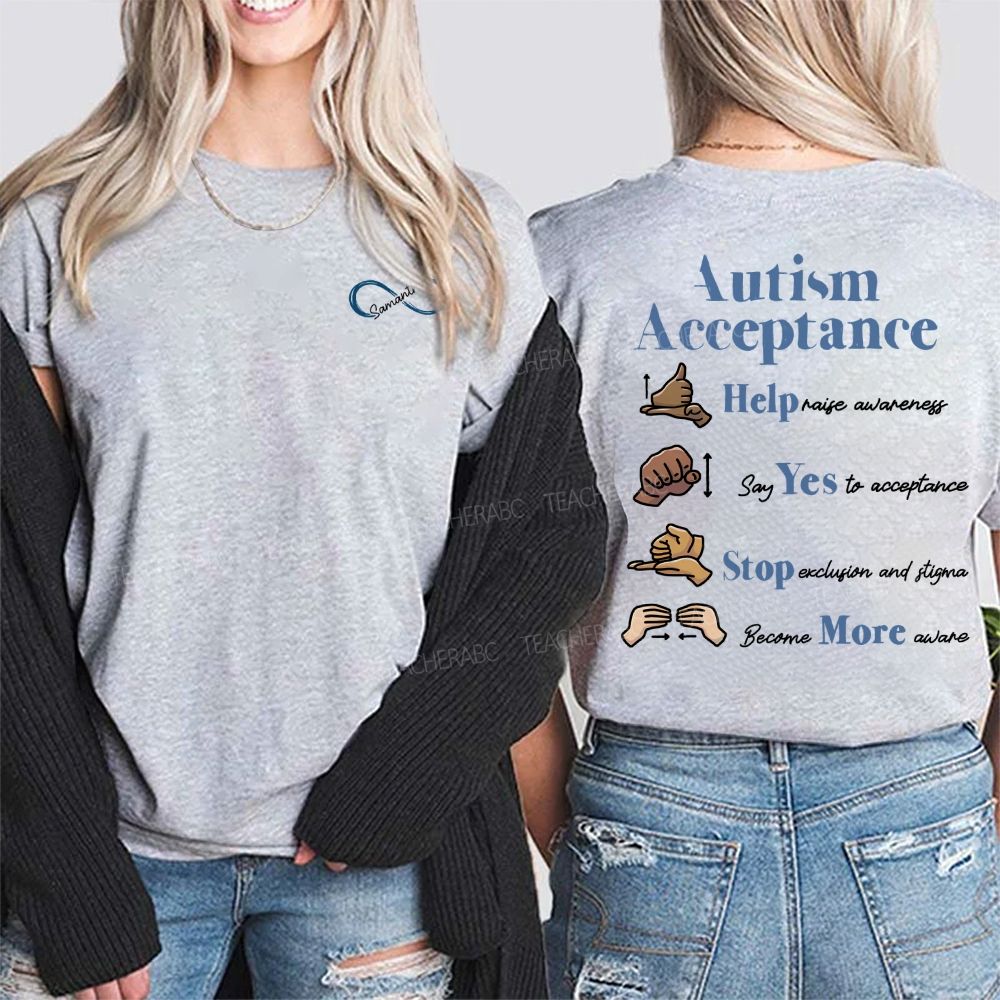 Personalized Name Autism Acceptance Help Raise Awareness Say Yes To Acceptance Double Printed T-shirt