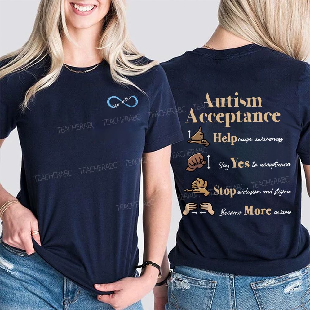 Personalized Name Autism Acceptance Help Raise Awareness Say Yes To Acceptance Double Printed T-shirt