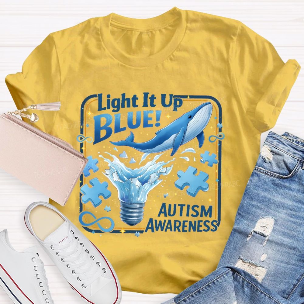 Light It Up Autism Awareness Blue Ribbon Teacher T-Shirt