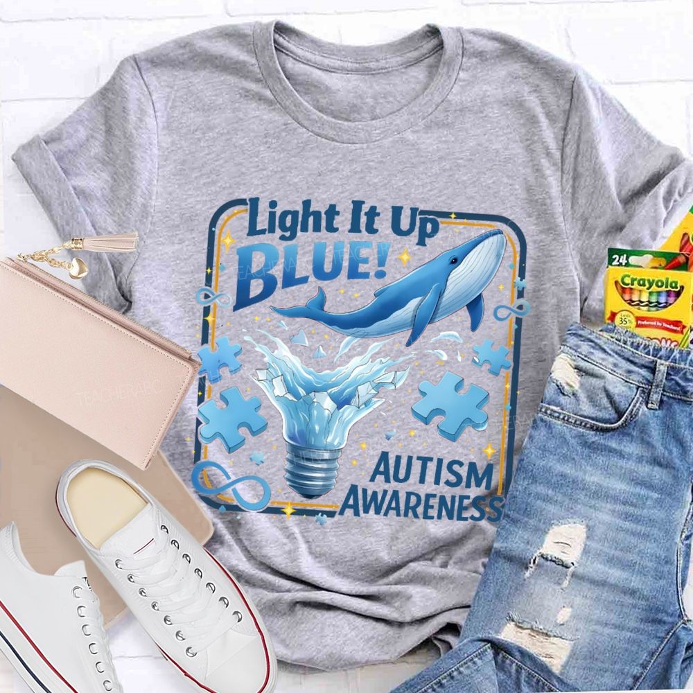 Light It Up Autism Awareness Blue Ribbon Teacher T-Shirt