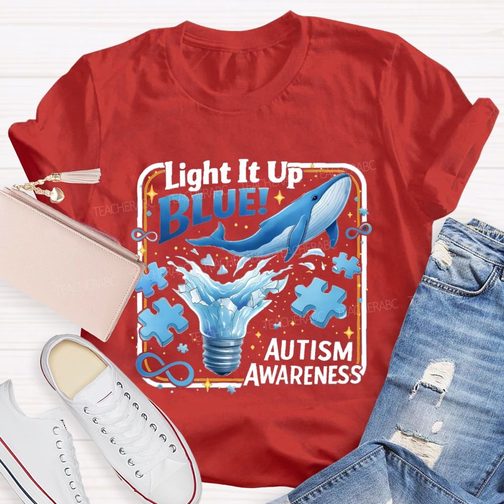 Light It Up Autism Awareness Blue Ribbon Teacher T-Shirt