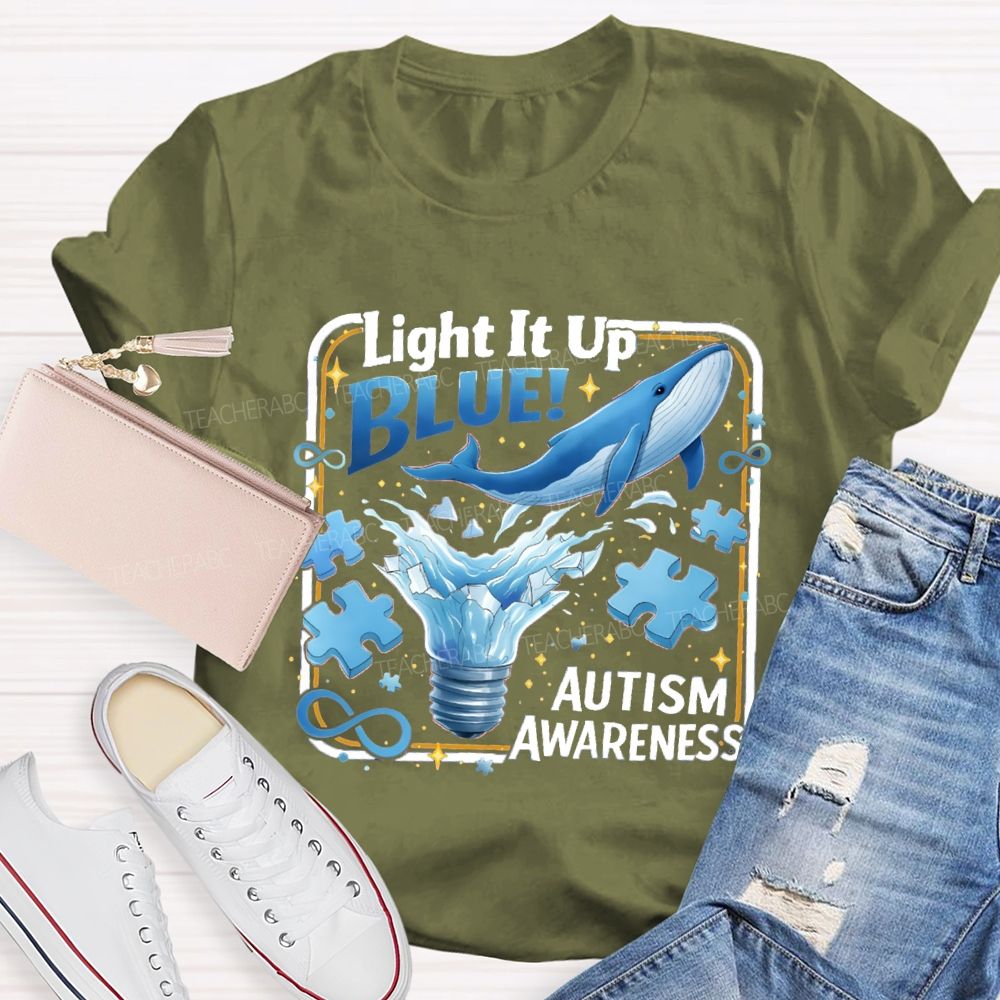 Light It Up Autism Awareness Blue Ribbon Teacher T-Shirt