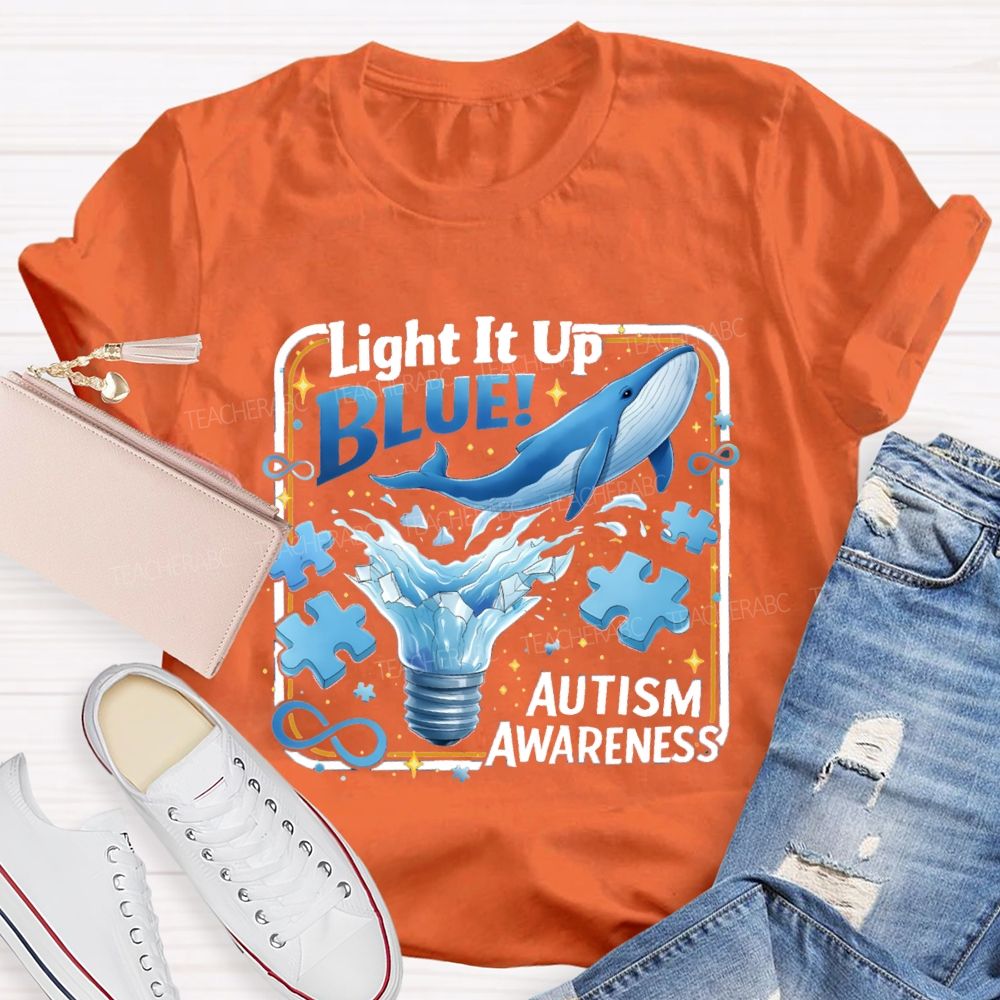 Light It Up Autism Awareness Blue Ribbon Teacher T-Shirt