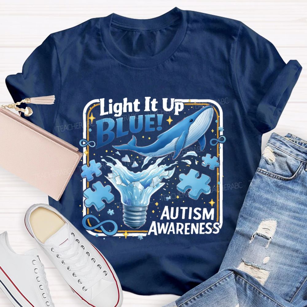 Light It Up Autism Awareness Blue Ribbon Teacher T-Shirt