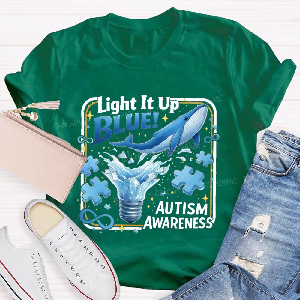 Light It Up Autism Awareness Blue Ribbon Teacher T-Shirt
