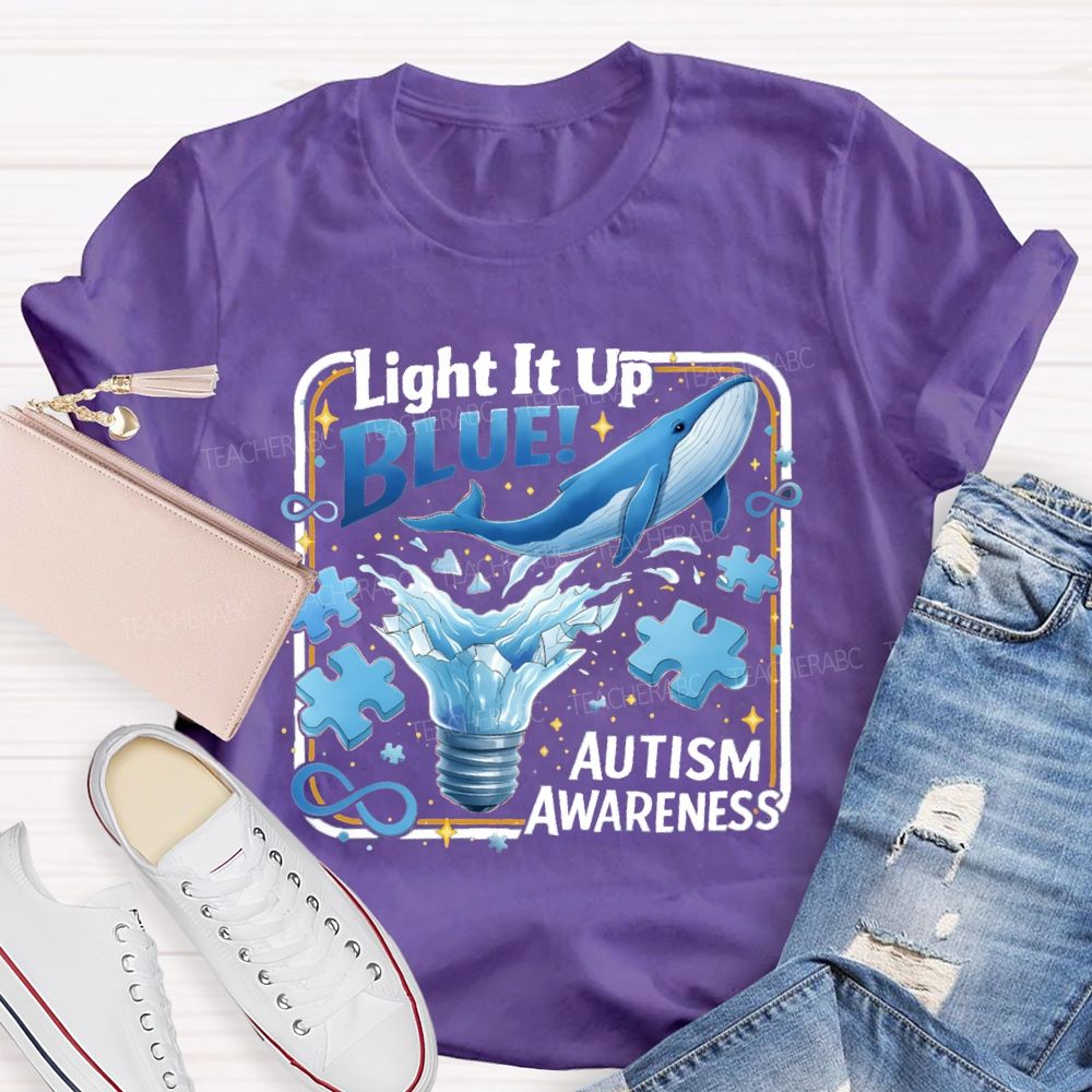 Light It Up Autism Awareness Blue Ribbon Teacher T-Shirt