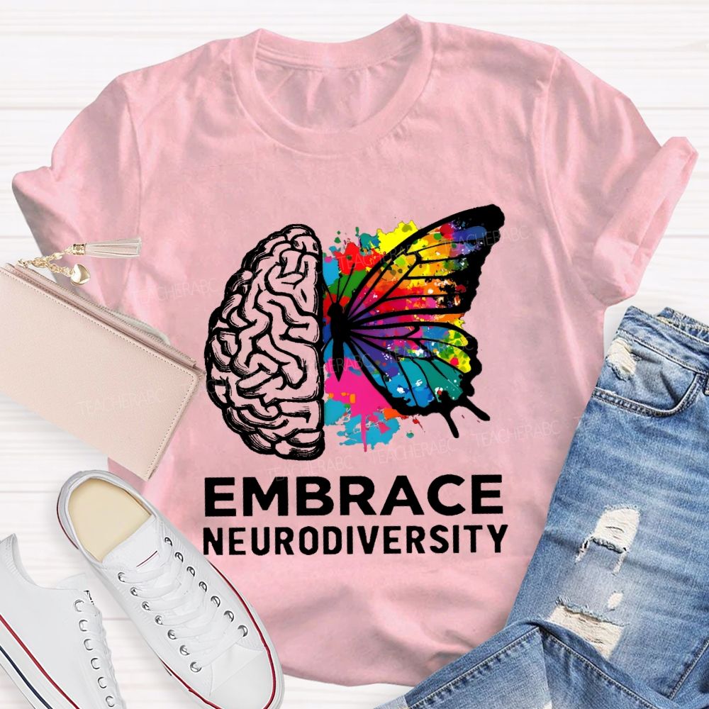 Embrace Neurodiversity Colorful Tie-Dye Butterfly Print Teacher T-shirt