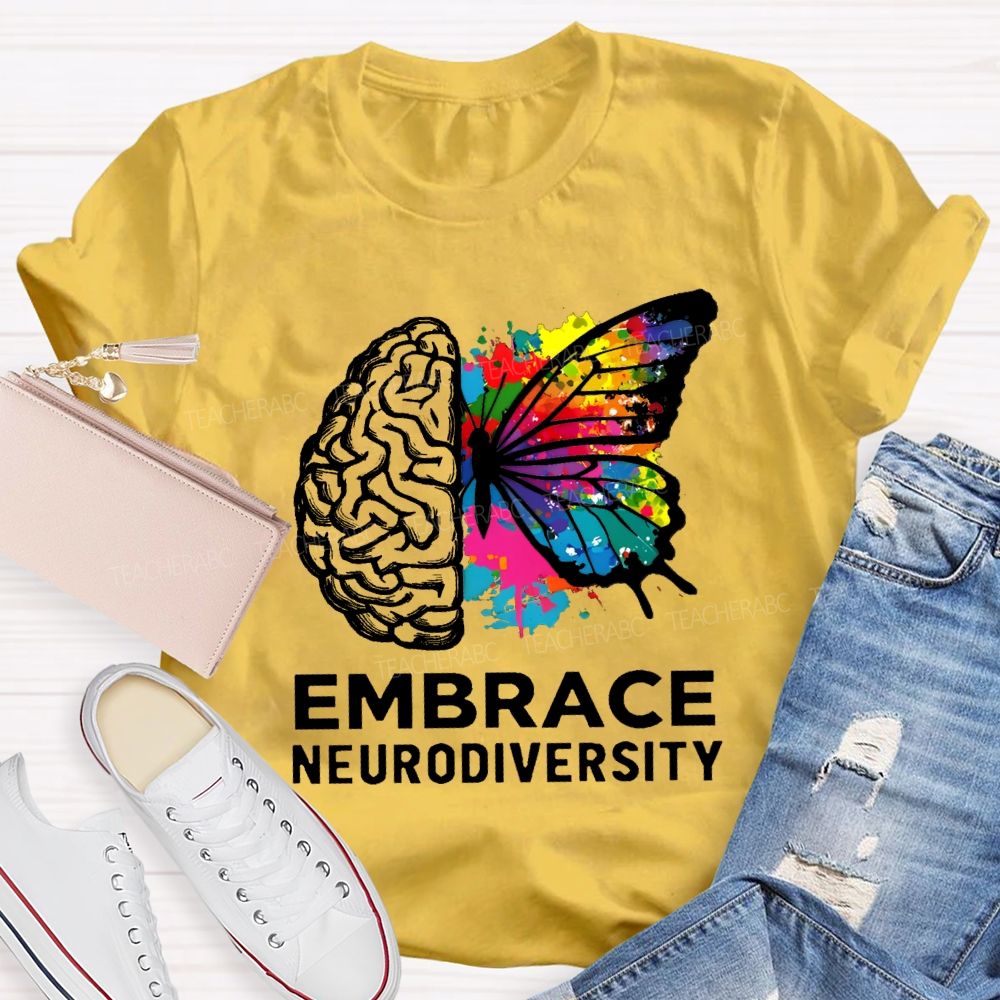 Embrace Neurodiversity Colorful Tie-Dye Butterfly Print Teacher T-shirt