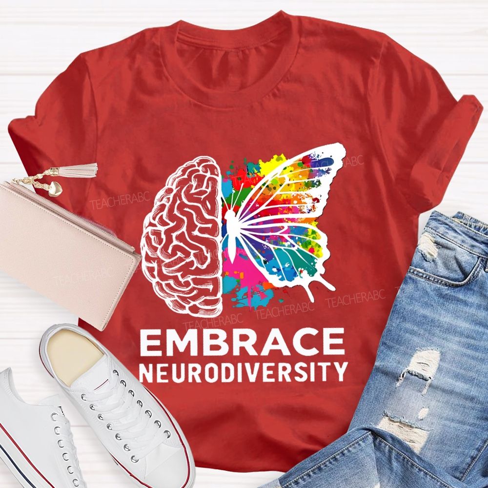 Embrace Neurodiversity Colorful Tie-Dye Butterfly Print Teacher T-shirt