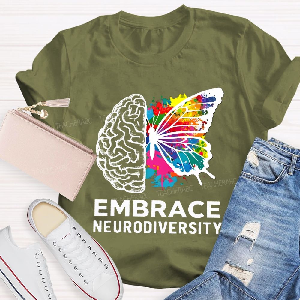 Embrace Neurodiversity Colorful Tie-Dye Butterfly Print Teacher T-shirt
