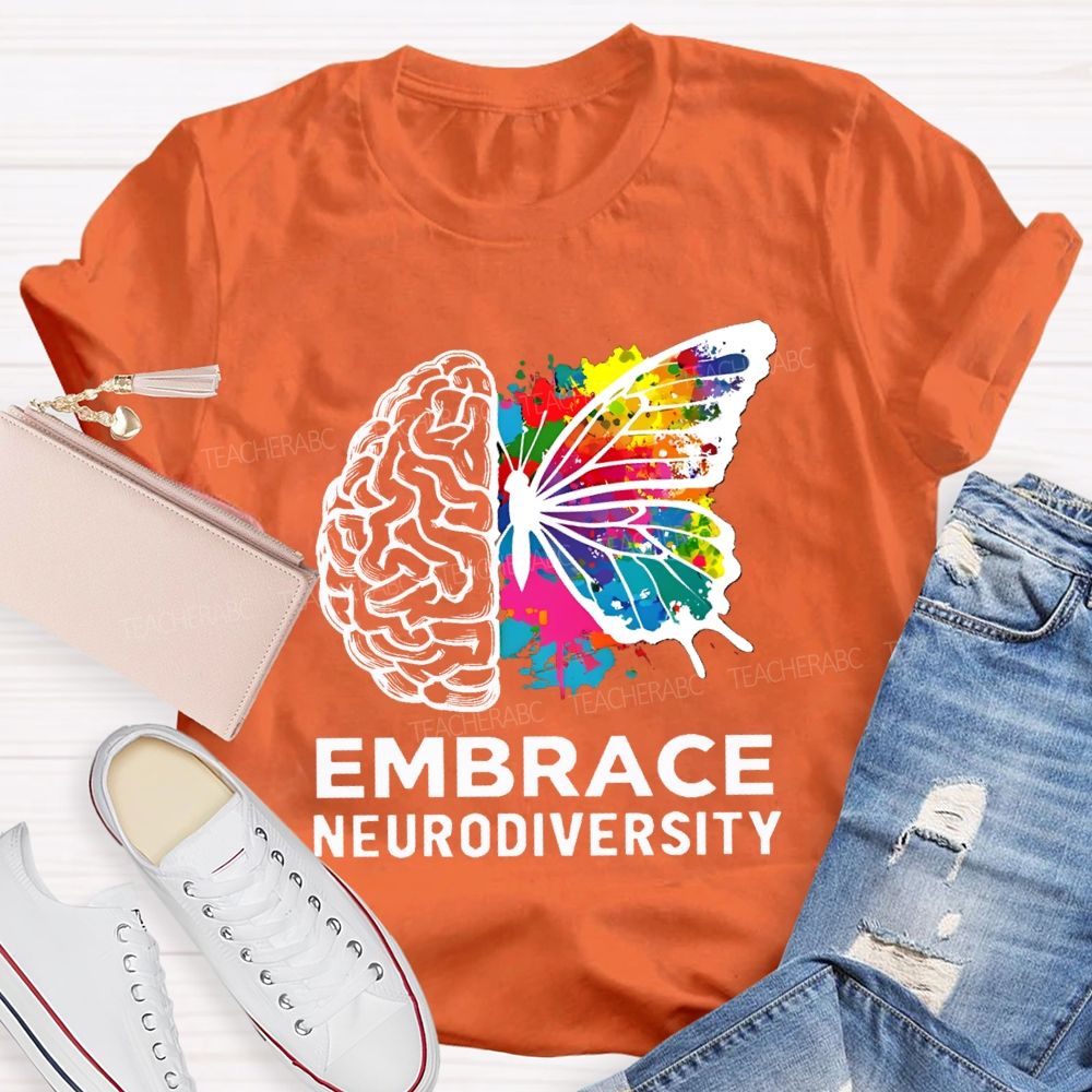 Embrace Neurodiversity Colorful Tie-Dye Butterfly Print Teacher T-shirt