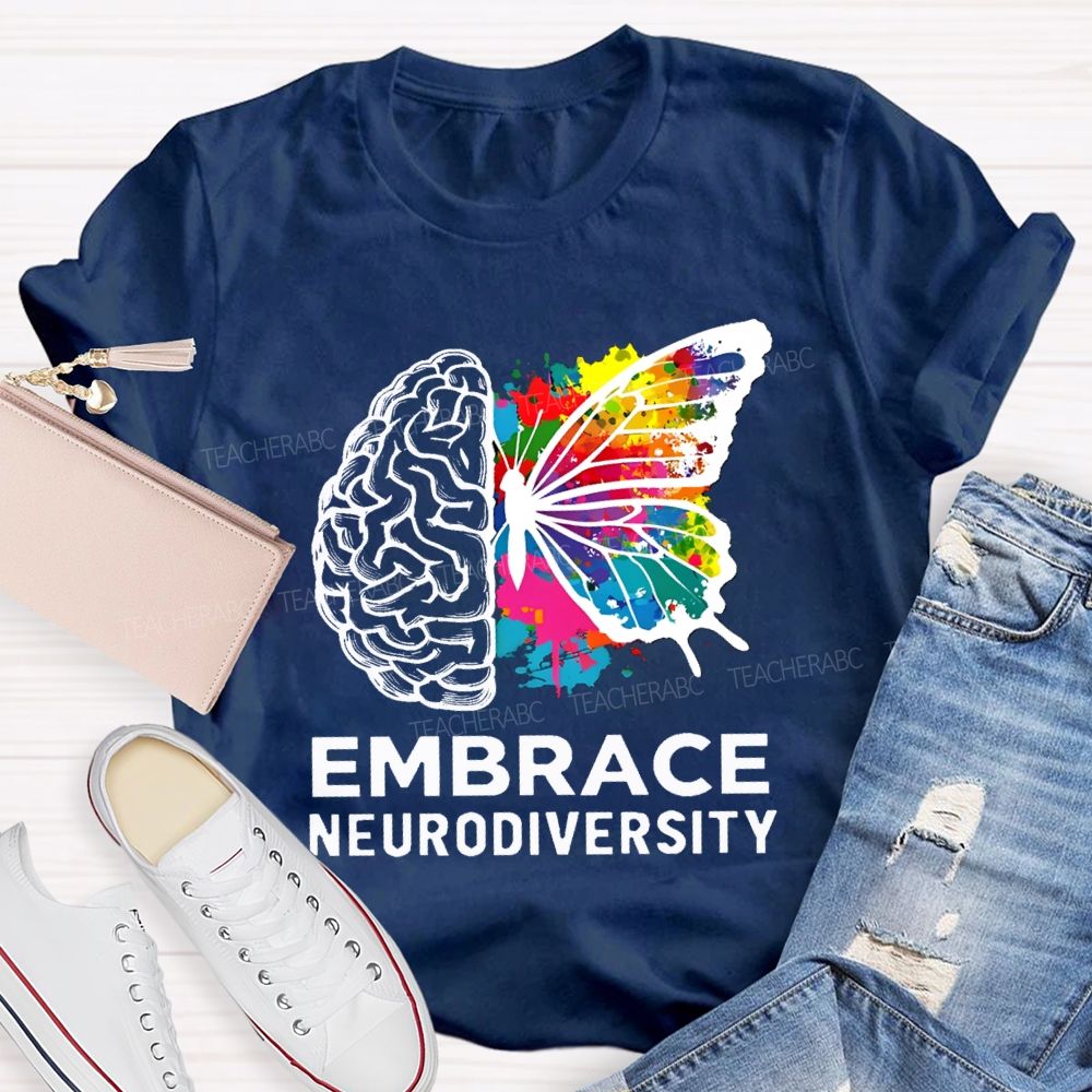 Embrace Neurodiversity Colorful Tie-Dye Butterfly Print Teacher T-shirt