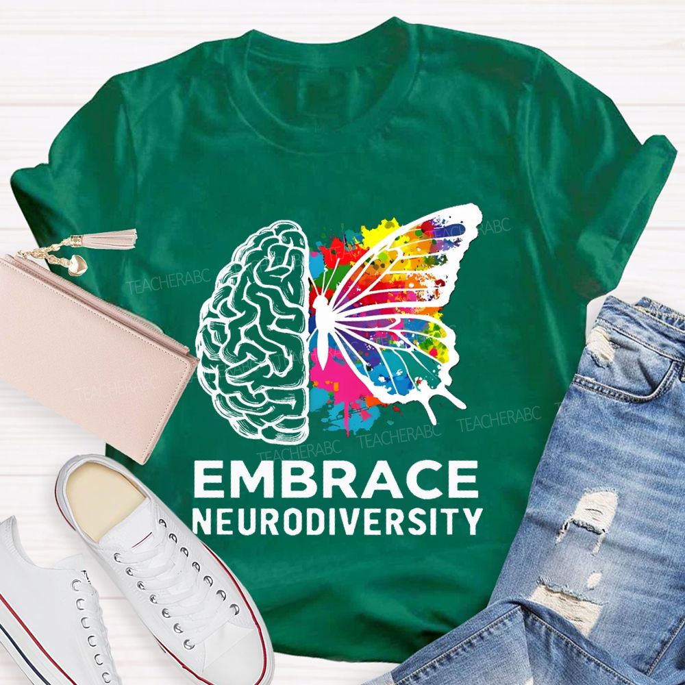 Embrace Neurodiversity Colorful Tie-Dye Butterfly Print Teacher T-shirt