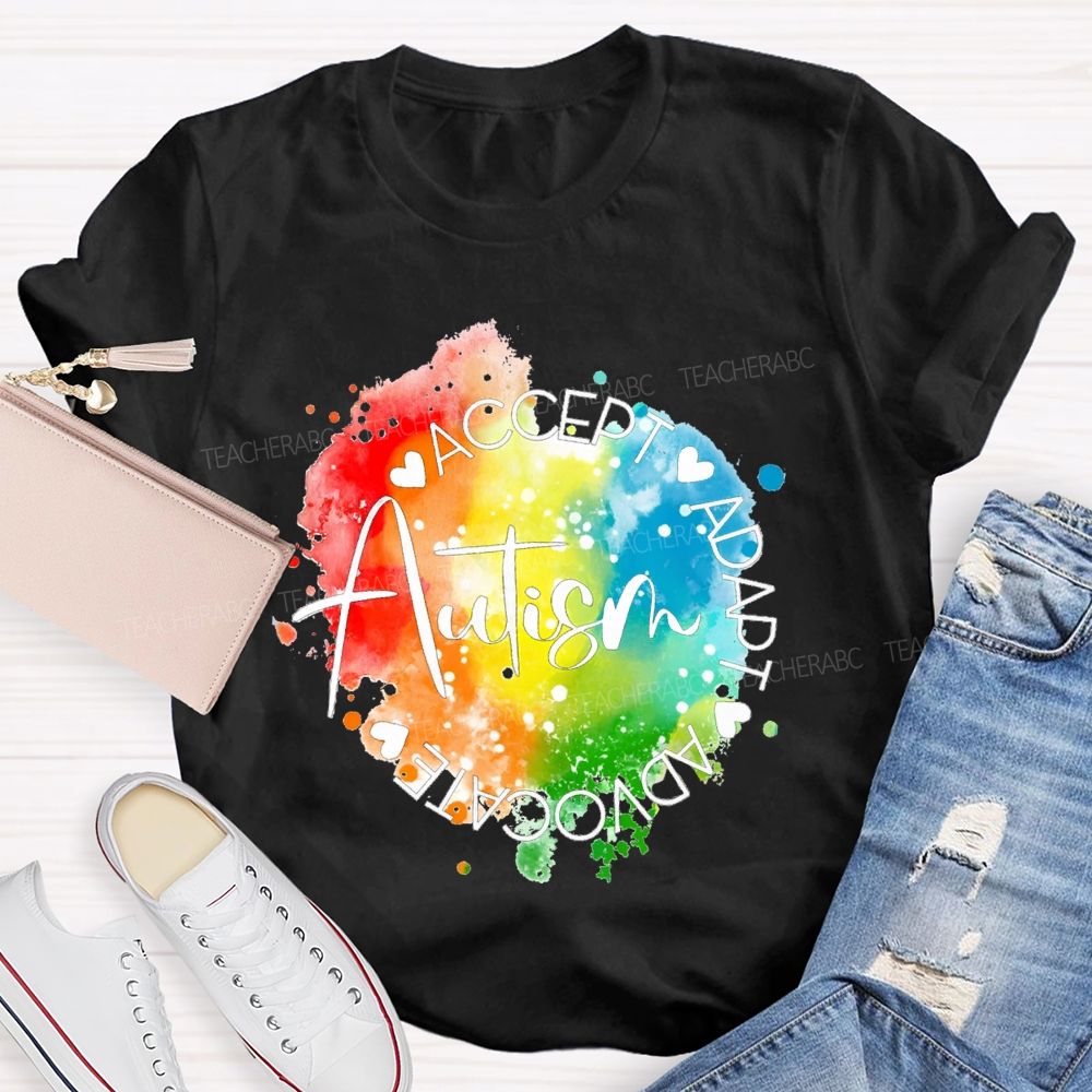 Autism Accept Adapt Advocate Gradient Tie-Dye Print Teacher T-shirt