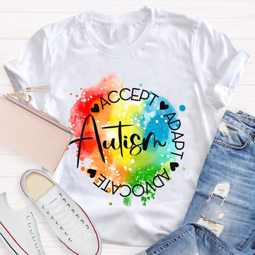 Autism Accept Adapt Advocate Gradient Tie-Dye Print Teacher T-shirt