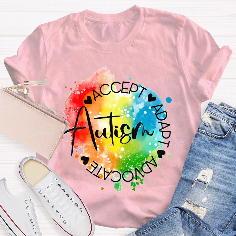 Autism Accept Adapt Advocate Gradient Tie-Dye Print Teacher T-shirt