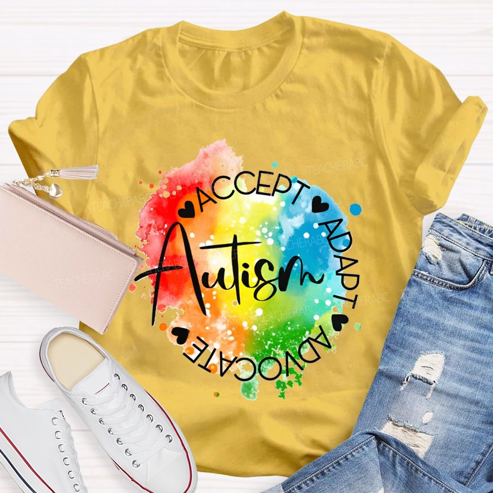 Autism Accept Adapt Advocate Gradient Tie-Dye Print Teacher T-shirt