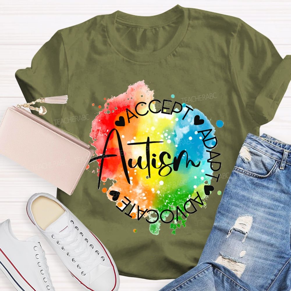 Autism Accept Adapt Advocate Gradient Tie-Dye Print Teacher T-shirt