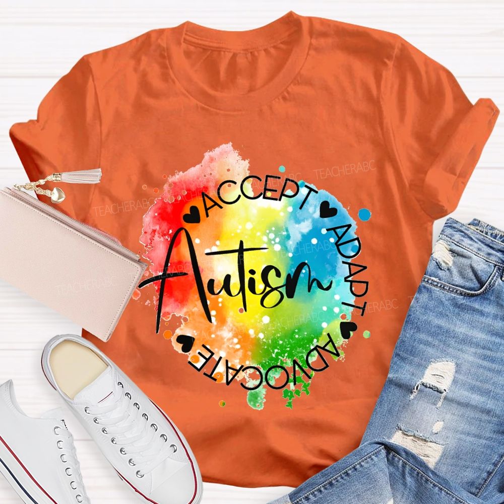 Autism Accept Adapt Advocate Gradient Tie-Dye Print Teacher T-shirt