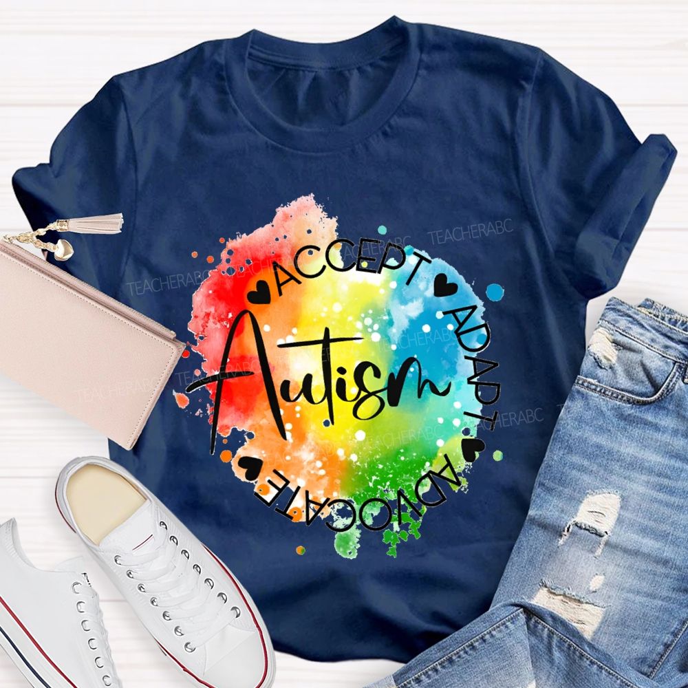 Autism Accept Adapt Advocate Gradient Tie-Dye Print Teacher T-shirt