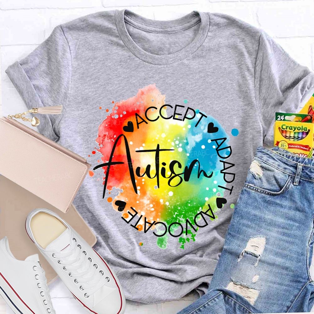 Autism Accept Adapt Advocate Gradient Tie-Dye Print Teacher T-shirt