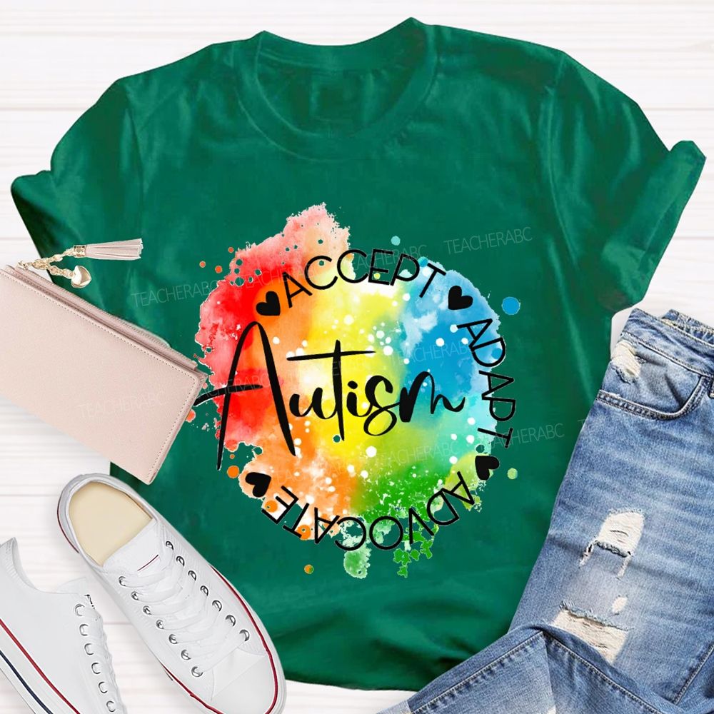 Autism Accept Adapt Advocate Gradient Tie-Dye Print Teacher T-shirt