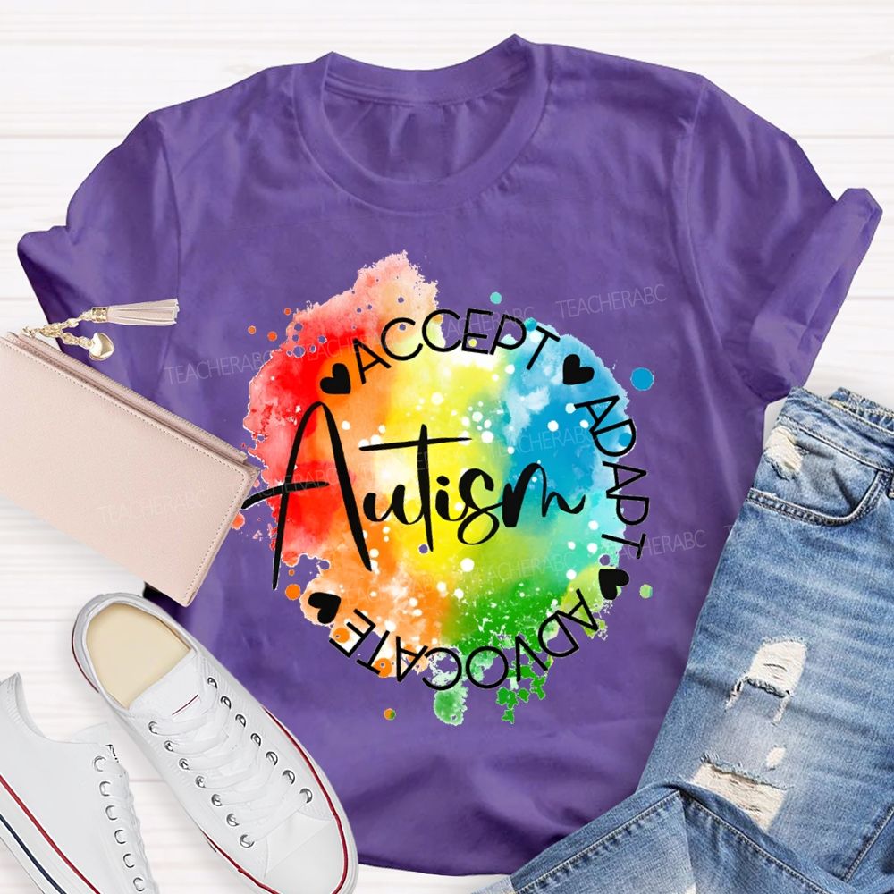 Autism Accept Adapt Advocate Gradient Tie-Dye Print Teacher T-shirt