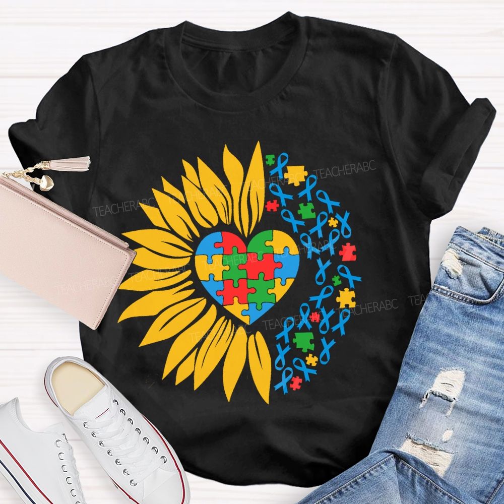 Colorful Heart Sunflower Blue Ribbon Teacher T-Shirt