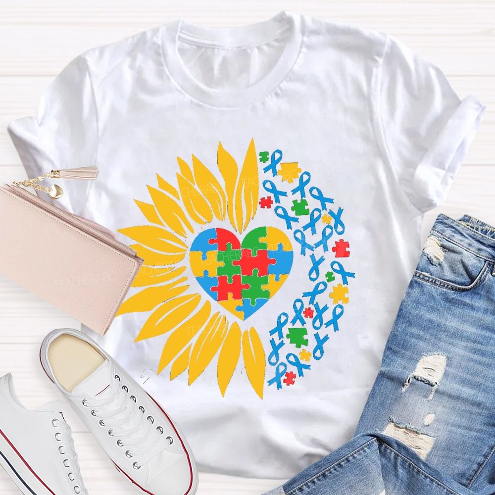 Colorful Heart Sunflower Blue Ribbon Teacher T-Shirt