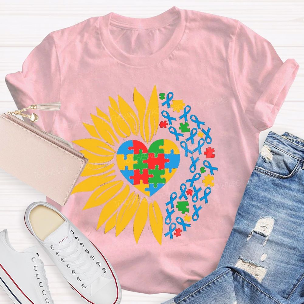 Colorful Heart Sunflower Blue Ribbon Teacher T-Shirt
