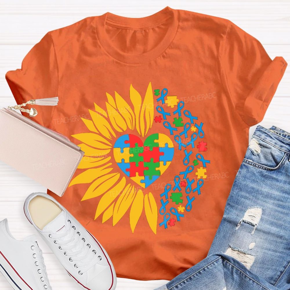 Colorful Heart Sunflower Blue Ribbon Teacher T-Shirt