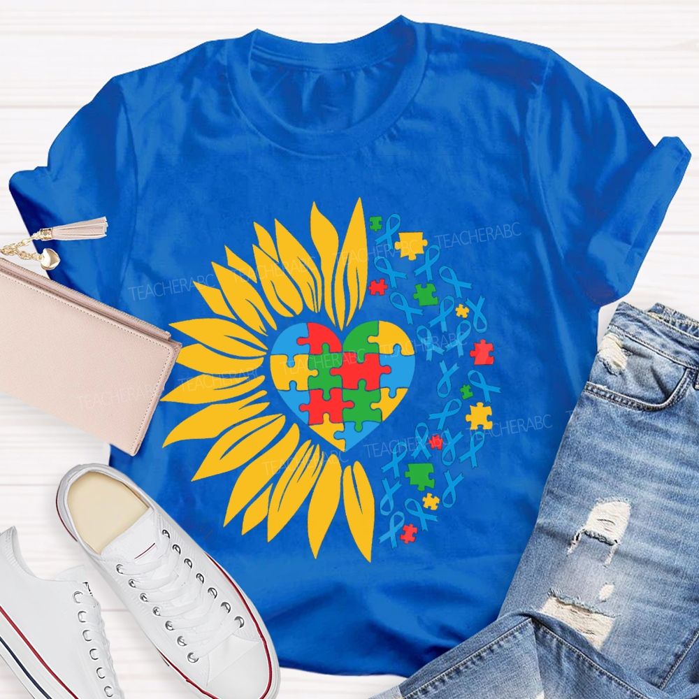 Colorful Heart Sunflower Blue Ribbon Teacher T-Shirt