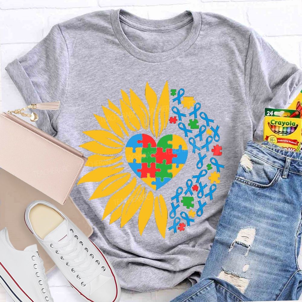 Colorful Heart Sunflower Blue Ribbon Teacher T-Shirt