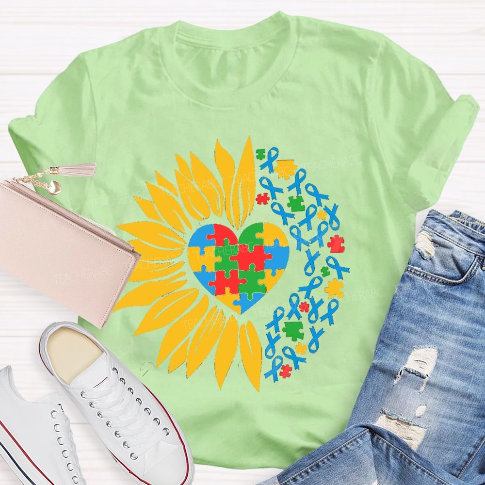 Colorful Heart Sunflower Blue Ribbon Teacher T-Shirt