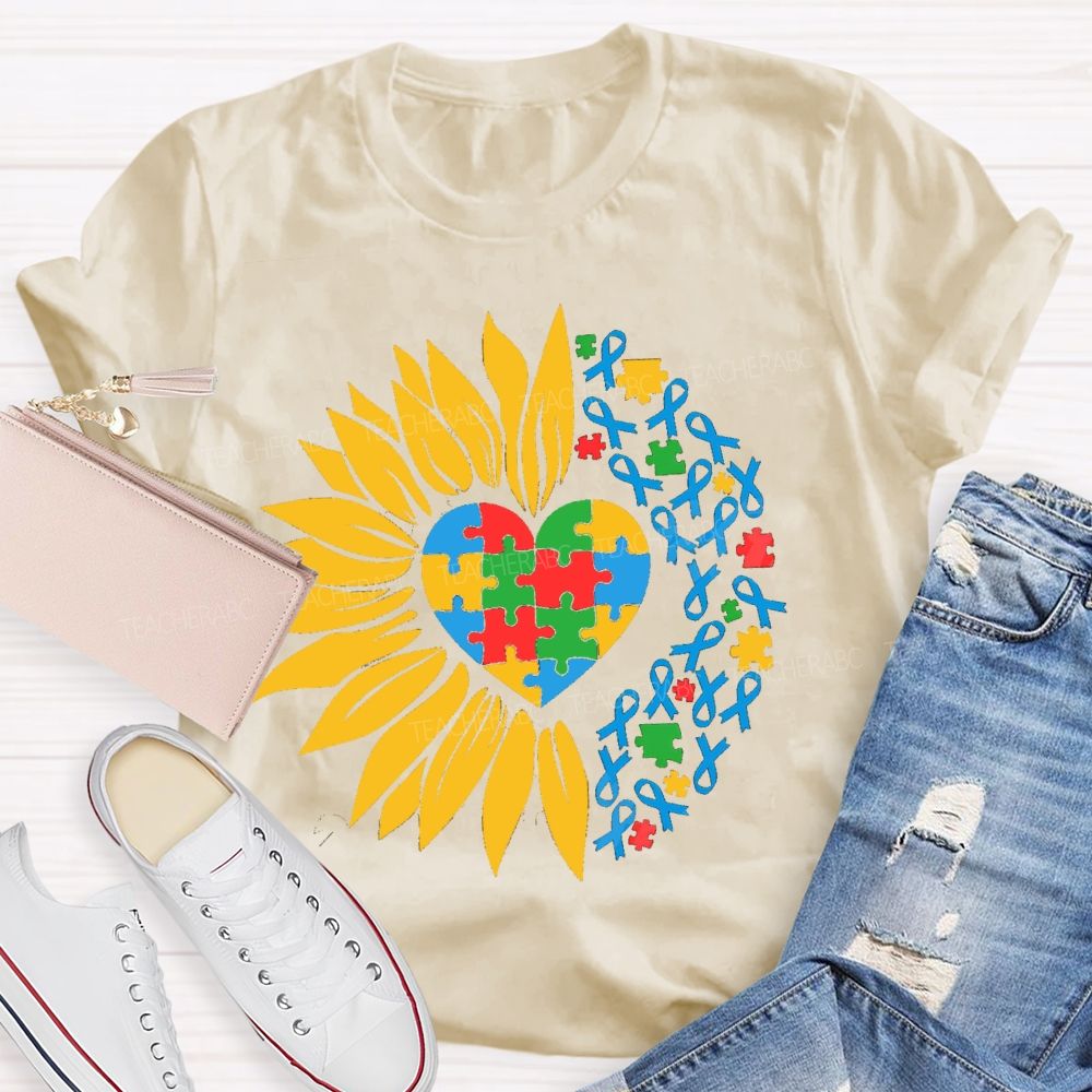 Colorful Heart Sunflower Blue Ribbon Teacher T-Shirt