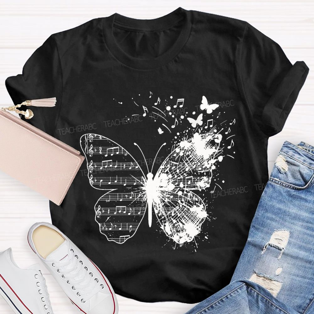 Musical Note Butterfly Print Teacher T-shirt