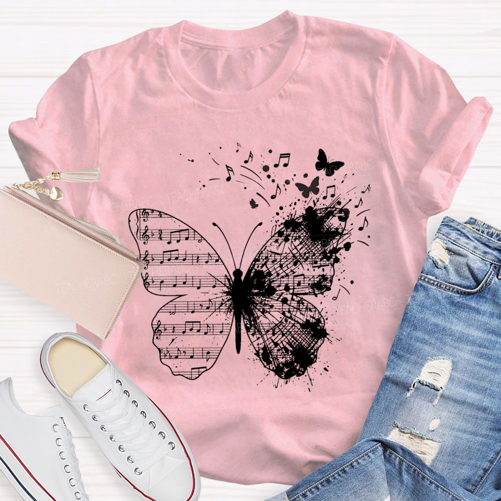 Musical Note Butterfly Print Teacher T-shirt