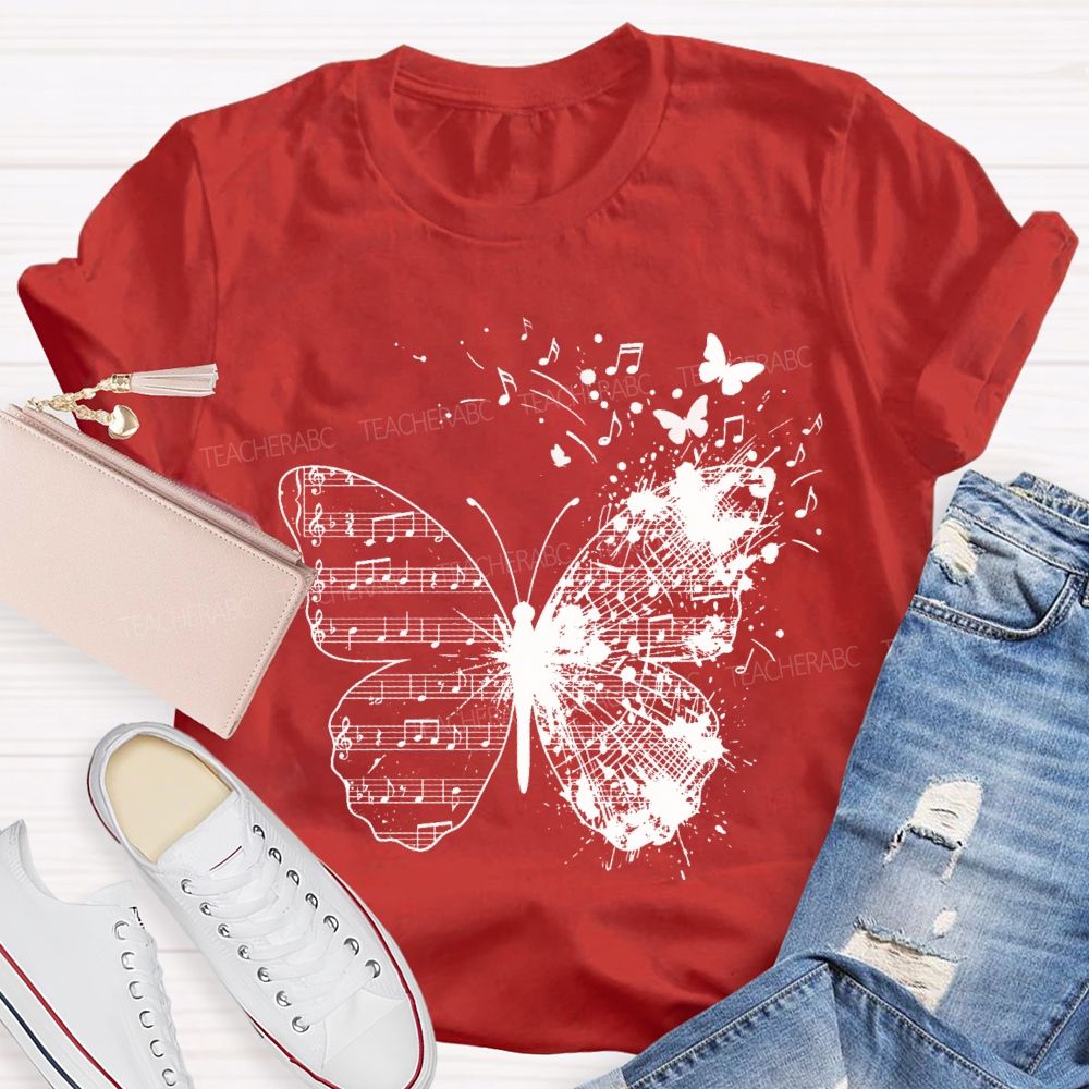 Musical Note Butterfly Print Teacher T-shirt