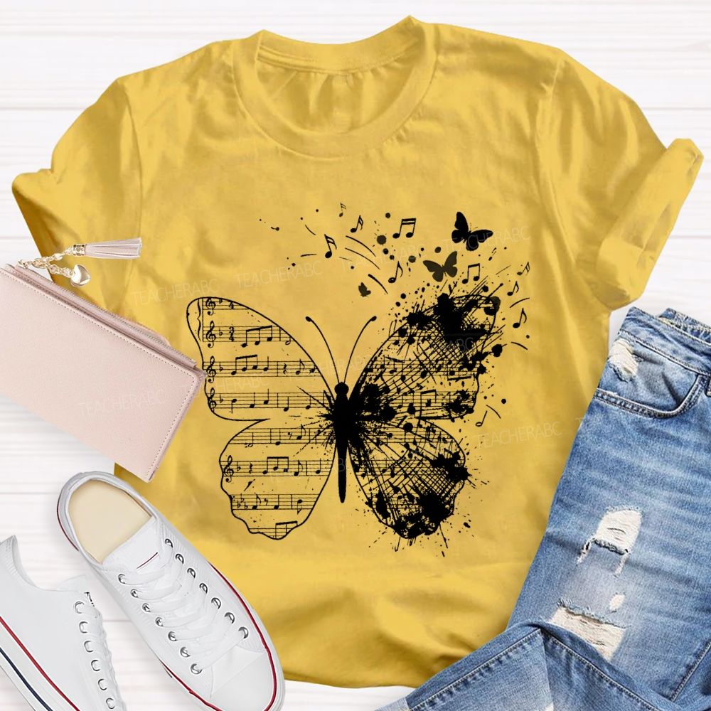 Musical Note Butterfly Print Teacher T-shirt