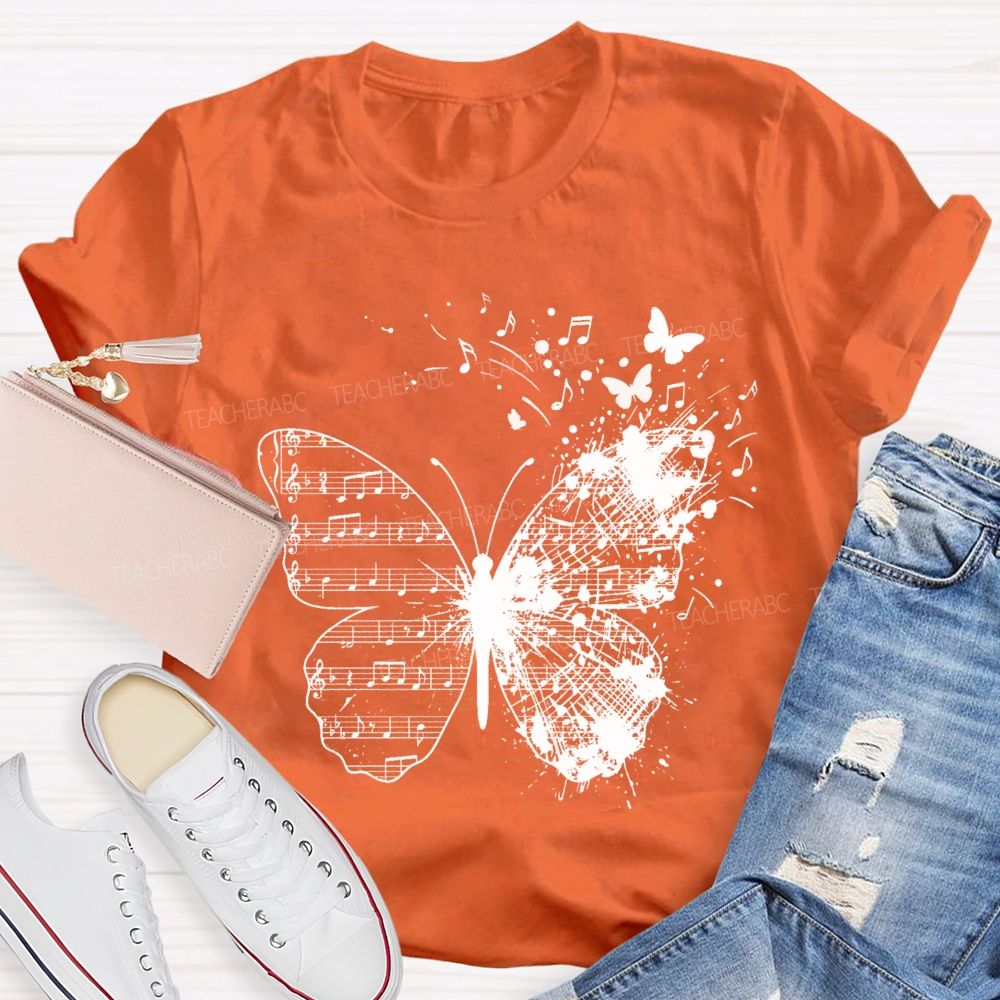 Musical Note Butterfly Print Teacher T-shirt