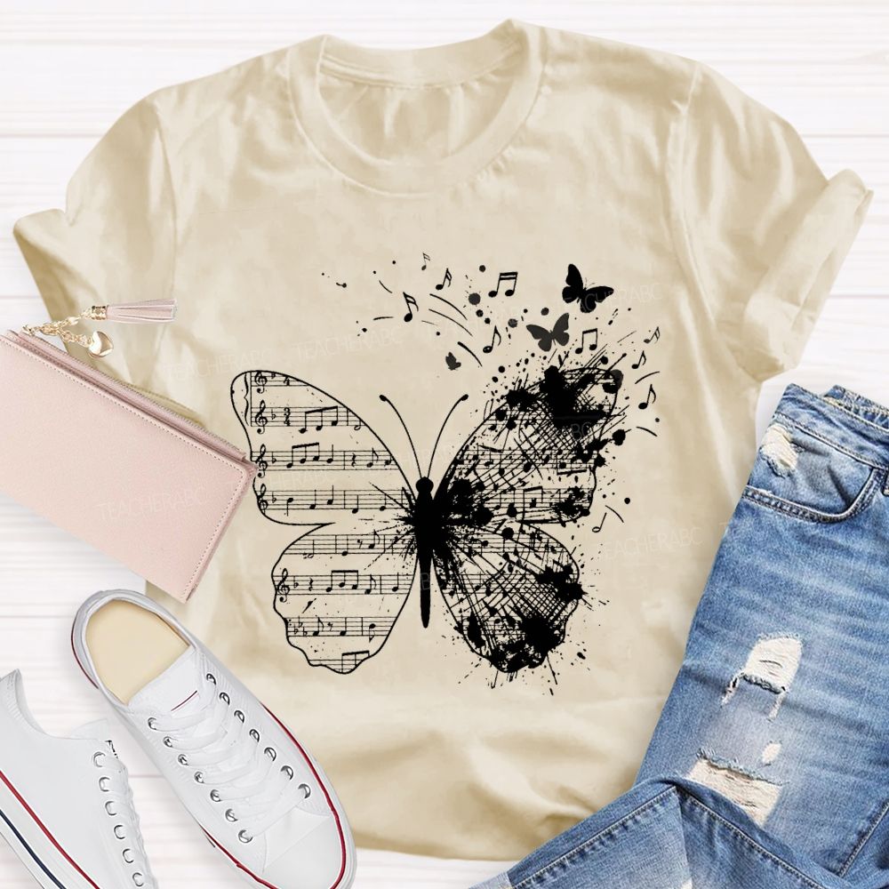 Musical Note Butterfly Print Teacher T-shirt