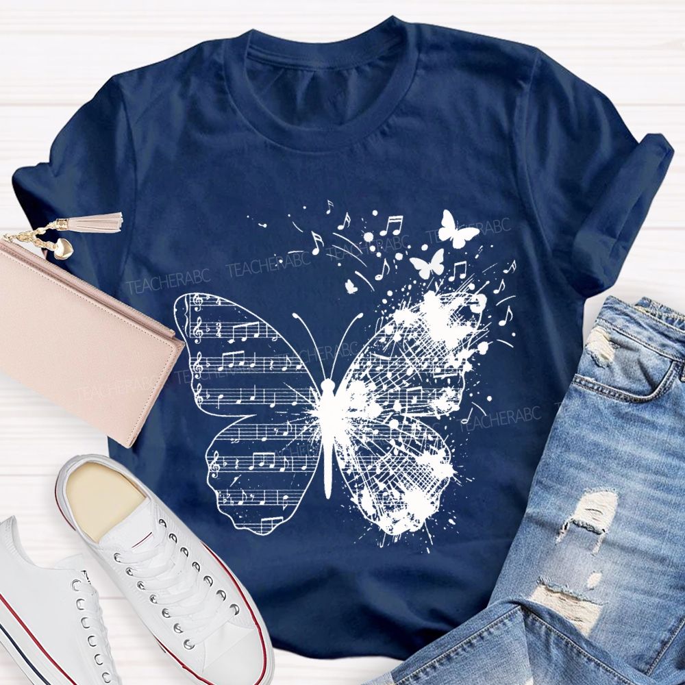 Musical Note Butterfly Print Teacher T-shirt
