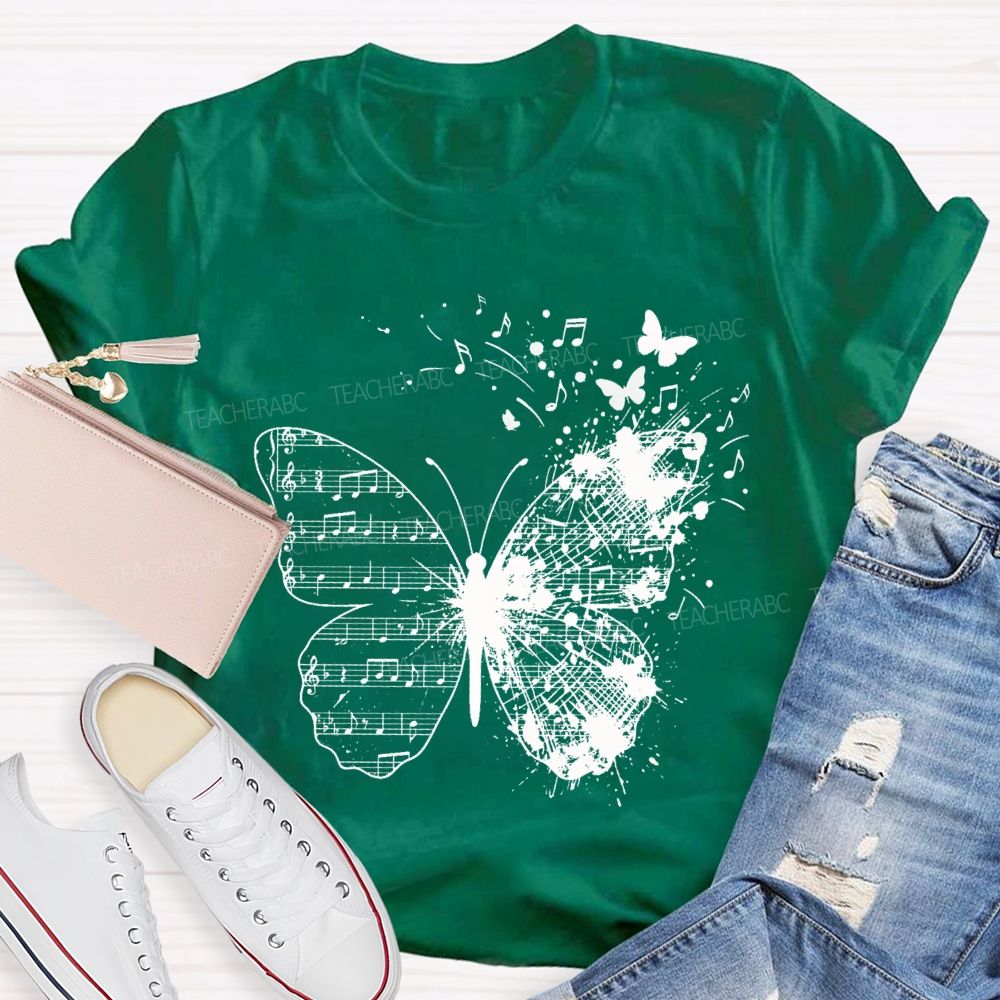 Musical Note Butterfly Print Teacher T-shirt