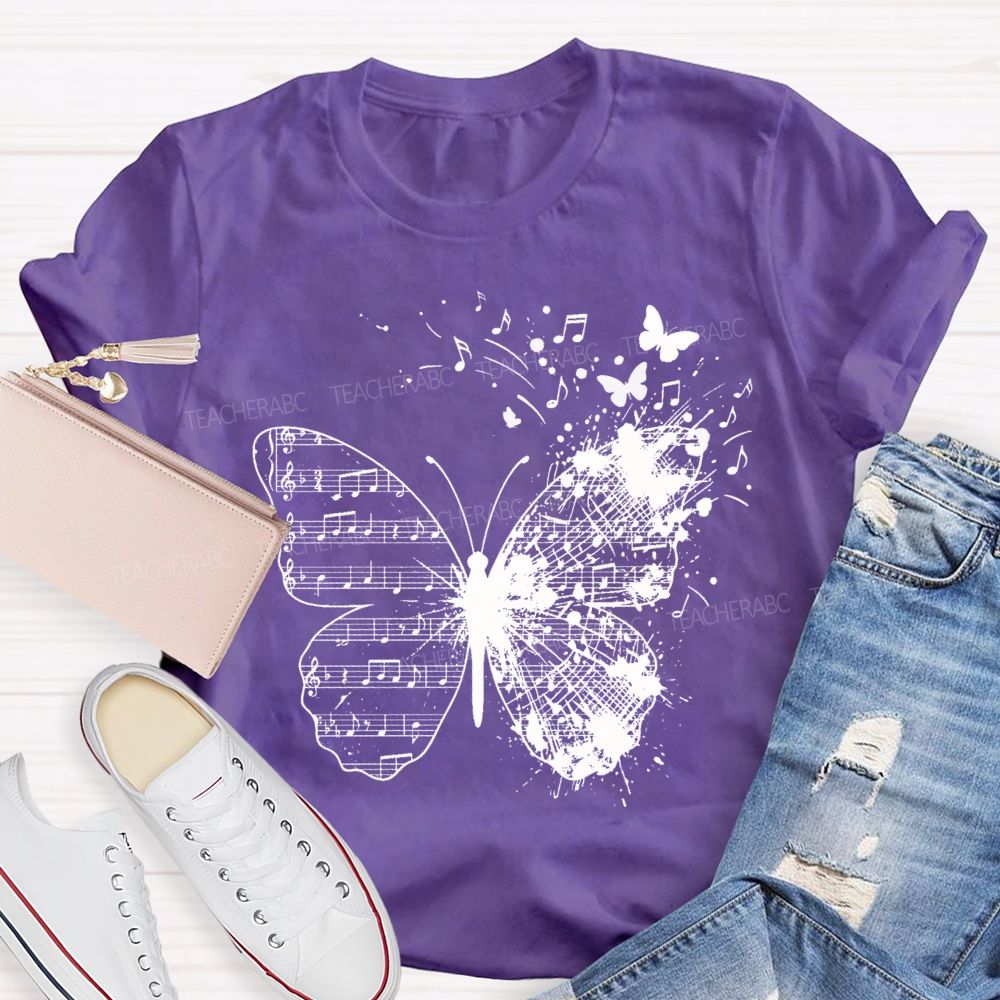 Musical Note Butterfly Print Teacher T-shirt