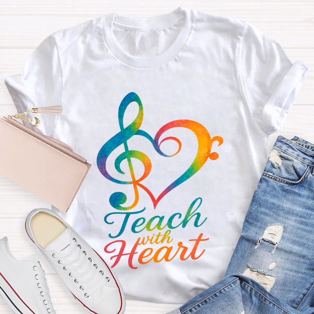 Teach With Heart Heart-Shaped Musical Notes Teacher T-shirt