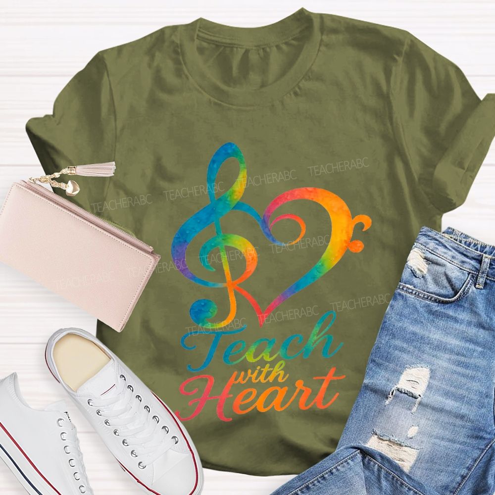 Teach With Heart Heart-Shaped Musical Notes Teacher T-shirt
