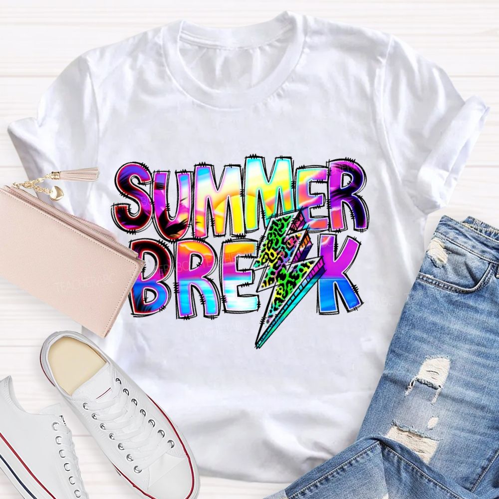 Summer Break Leopard Print Lightning Print Teacher T-shirt