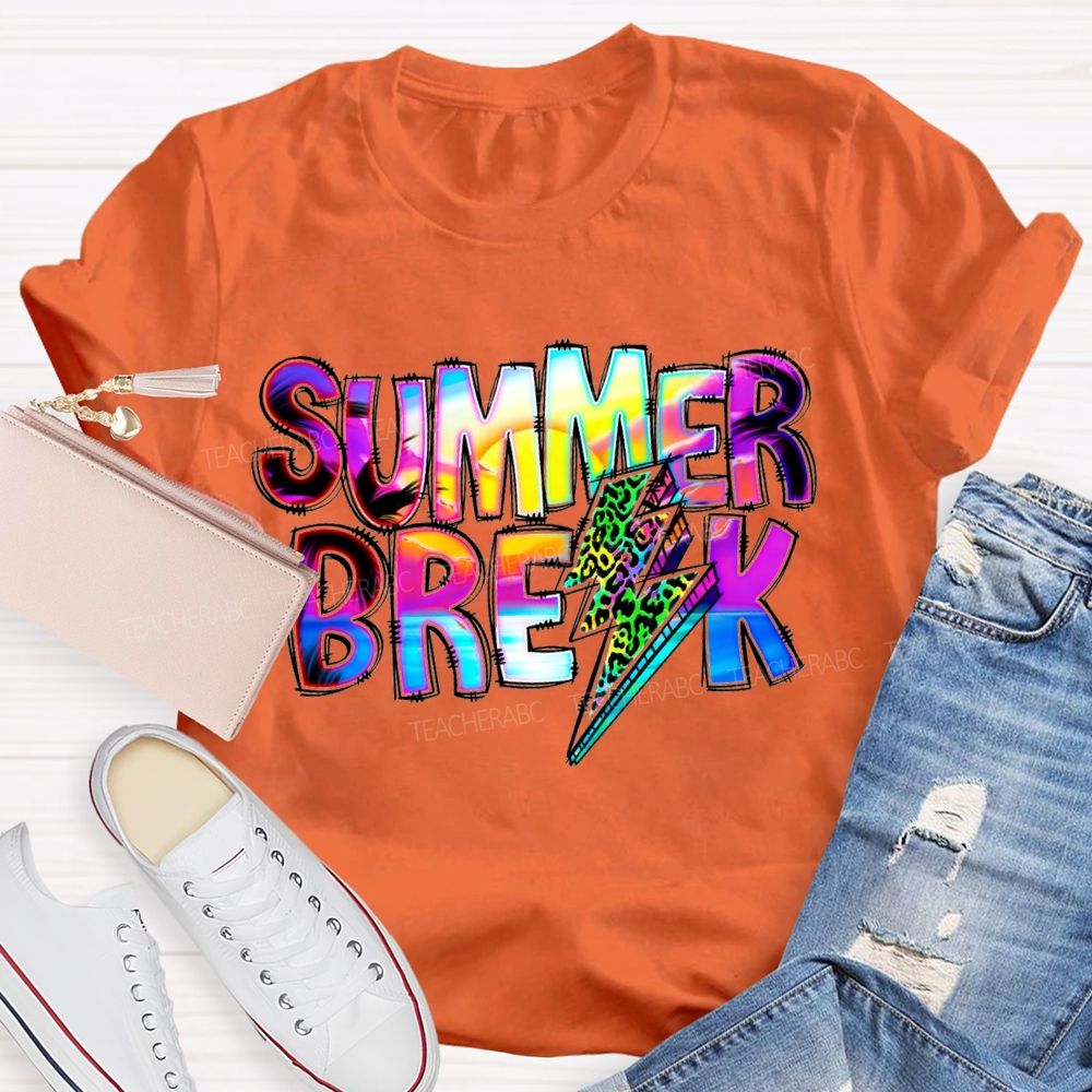 Summer Break Leopard Print Lightning Print Teacher T-shirt