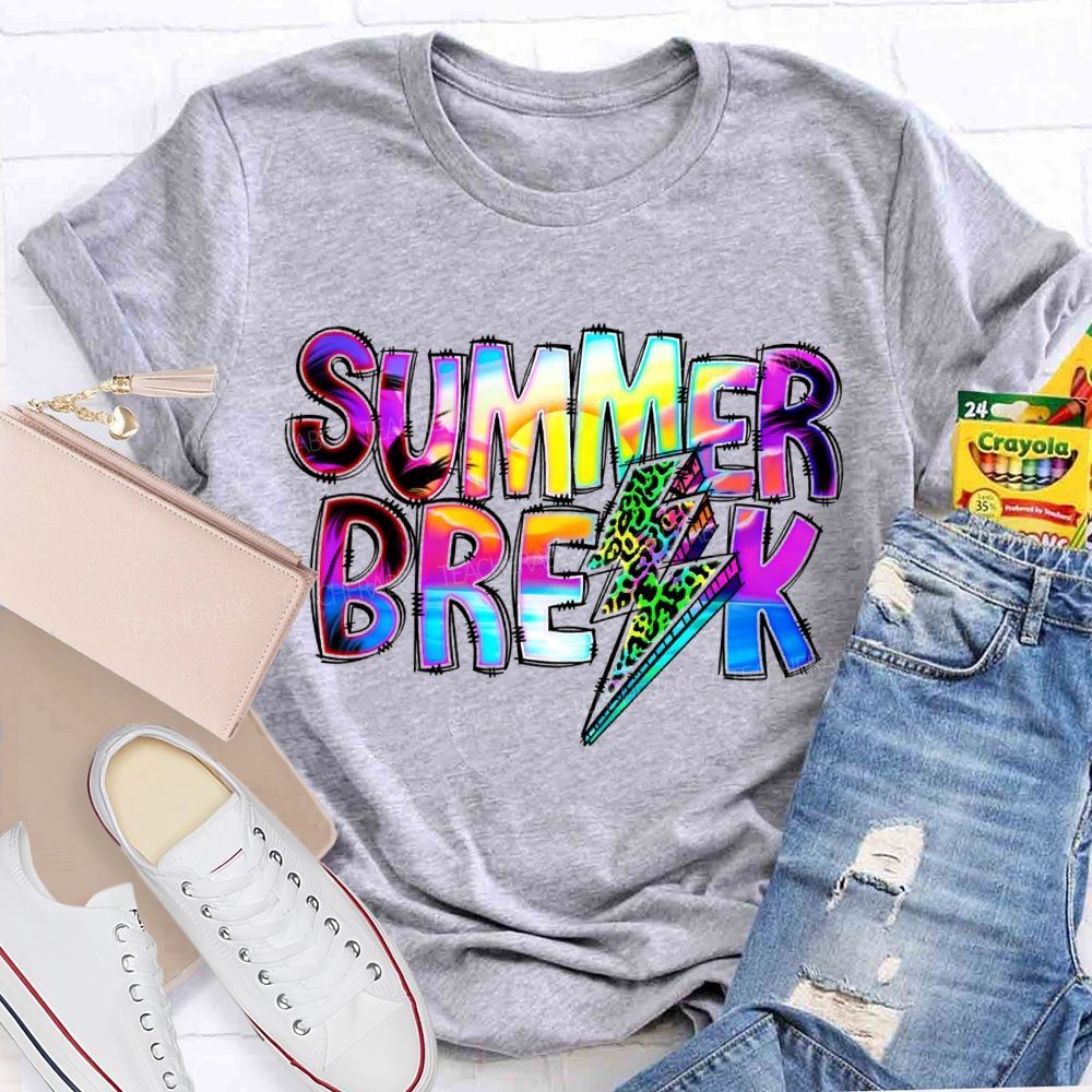Summer Break Leopard Print Lightning Print Teacher T-shirt