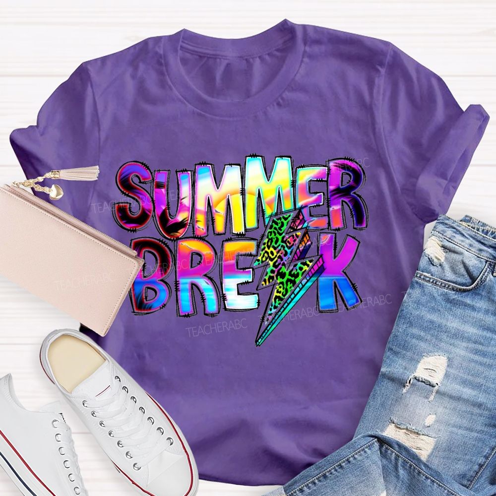 Summer Break Leopard Print Lightning Print Teacher T-shirt